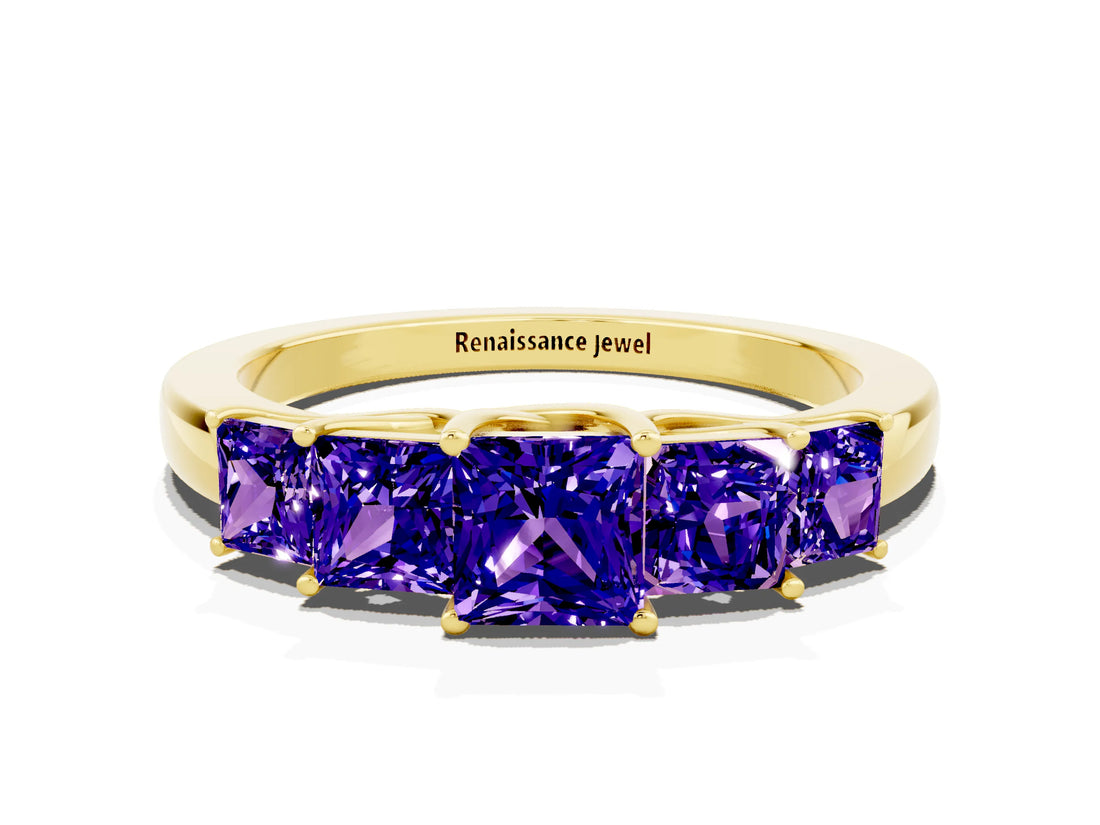 Yellow gold Princess Cut Five-Stone Tanzanite Ring with Classic Prong Setting_6