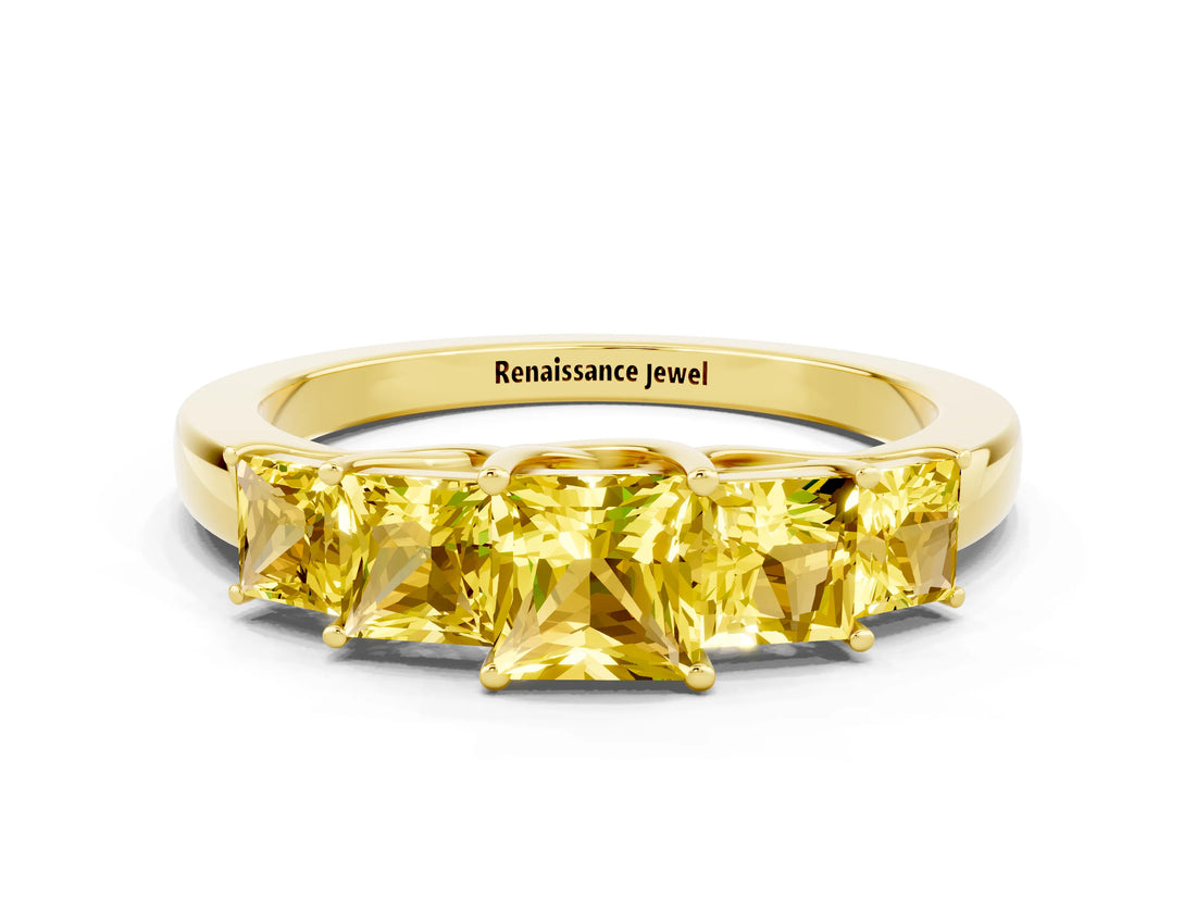 Yellow gold Princess Cut Five-Stone Yellow Sapphire Ring with Classic Prong Setting_18