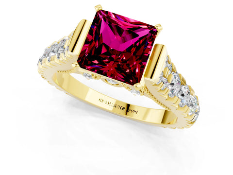 Yellow gold Princess Cut Garnet Classic Solitaire Ring with Pavé Band and Four-Prong Setting_1