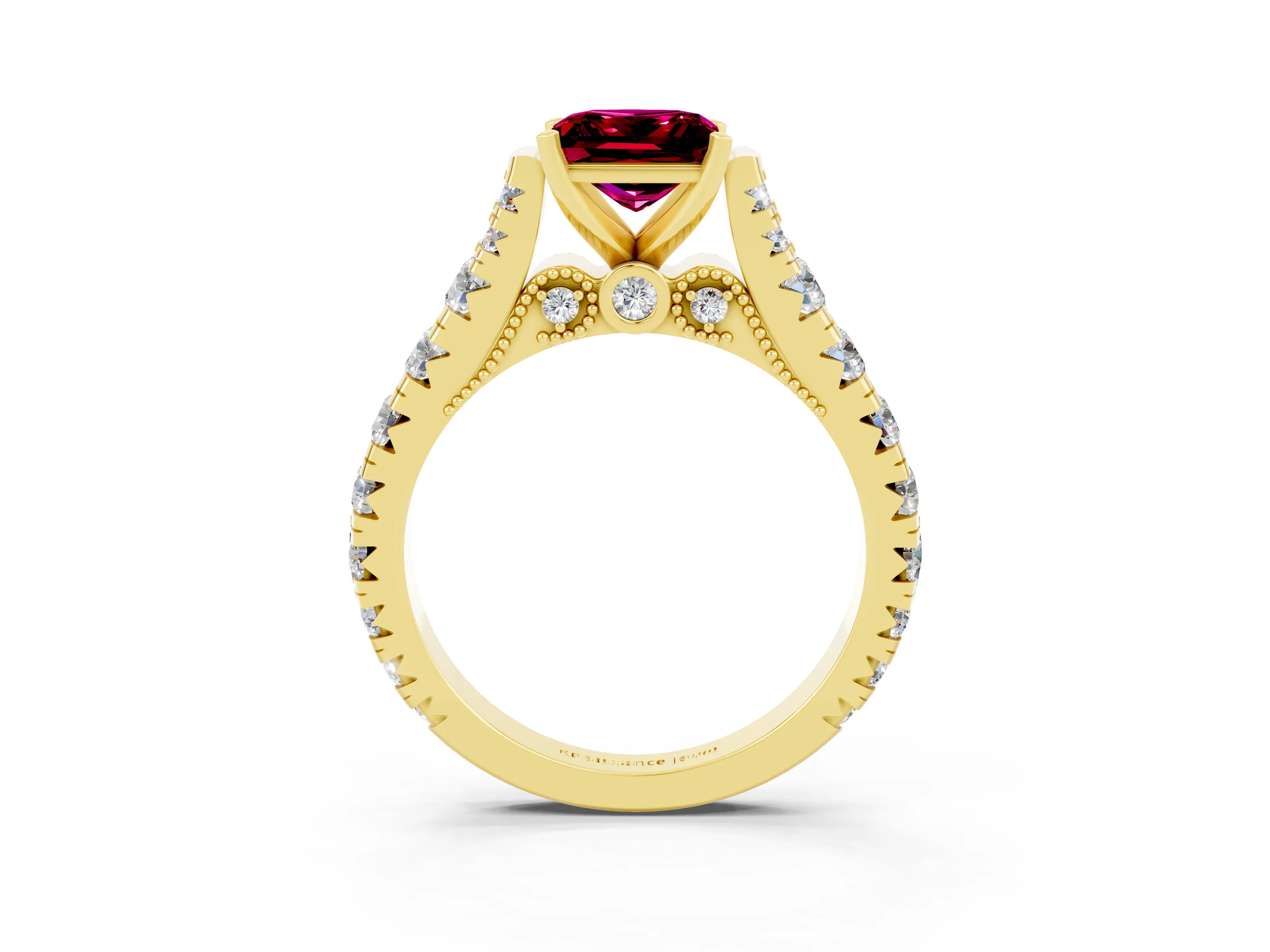 Yellow gold Princess Cut Garnet Classic Solitaire Ring with Pavé Band and Four-Prong Setting_3