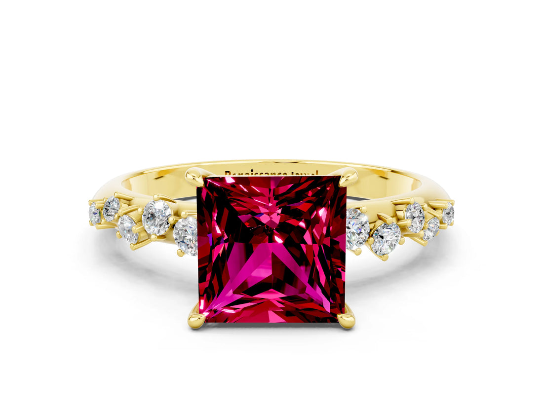 Yellow gold Princess Cut Garnet Cluster Side Stone Solitaire Ring with Prong Setting_24