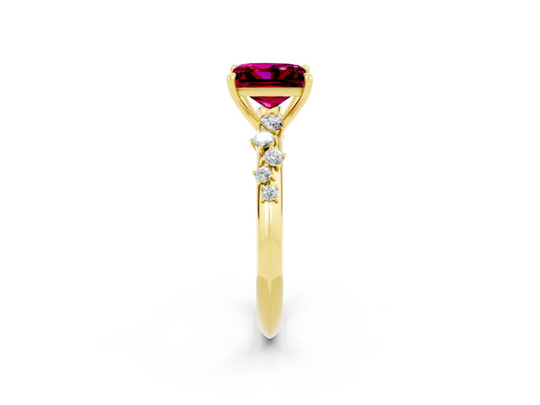 Yellow gold Princess Cut Garnet Cluster Side Stone Solitaire Ring with Prong Setting
