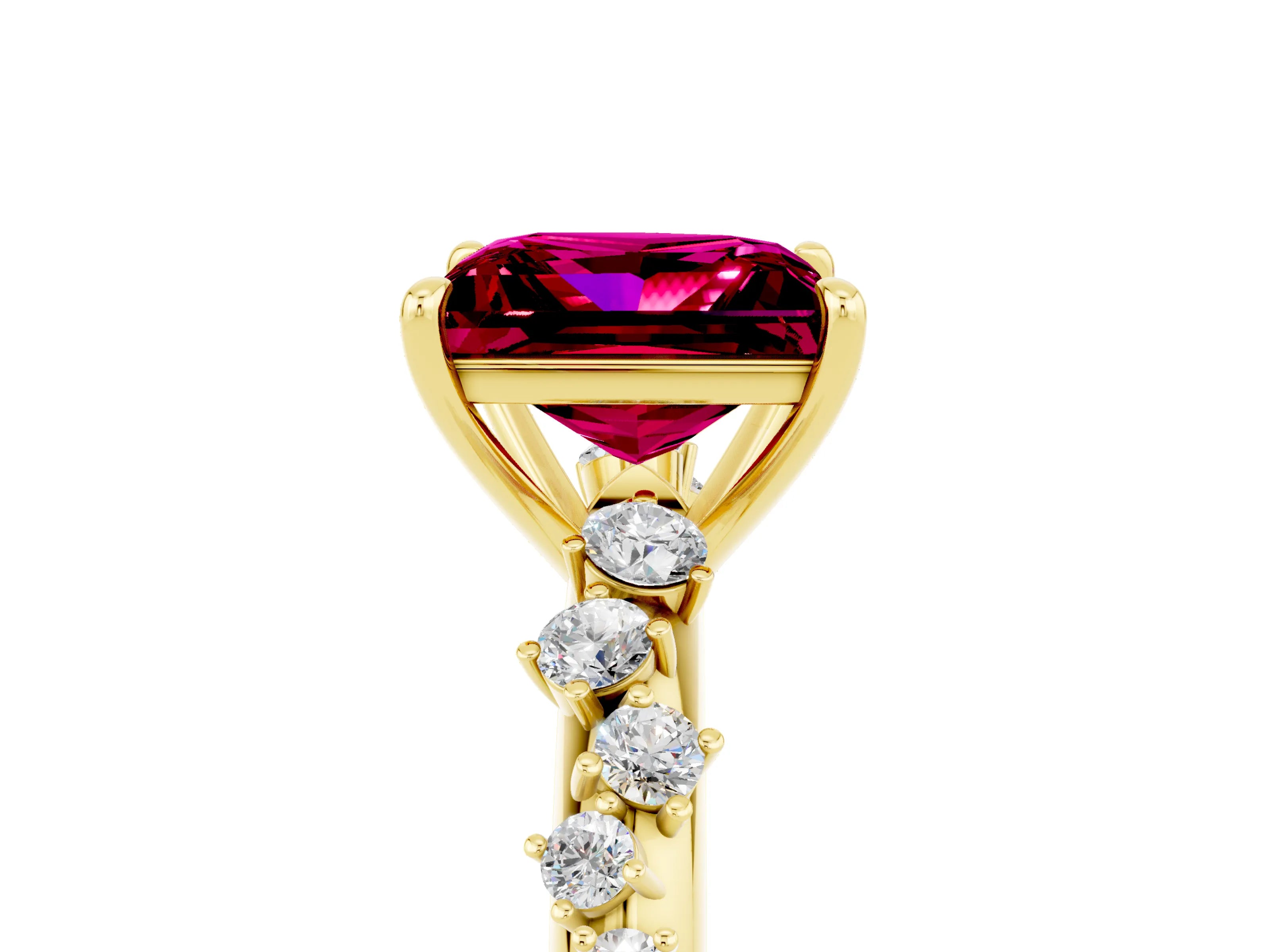 Yellow gold Princess Cut Garnet Cluster Side Stone Solitaire Ring with Prong Setting_29