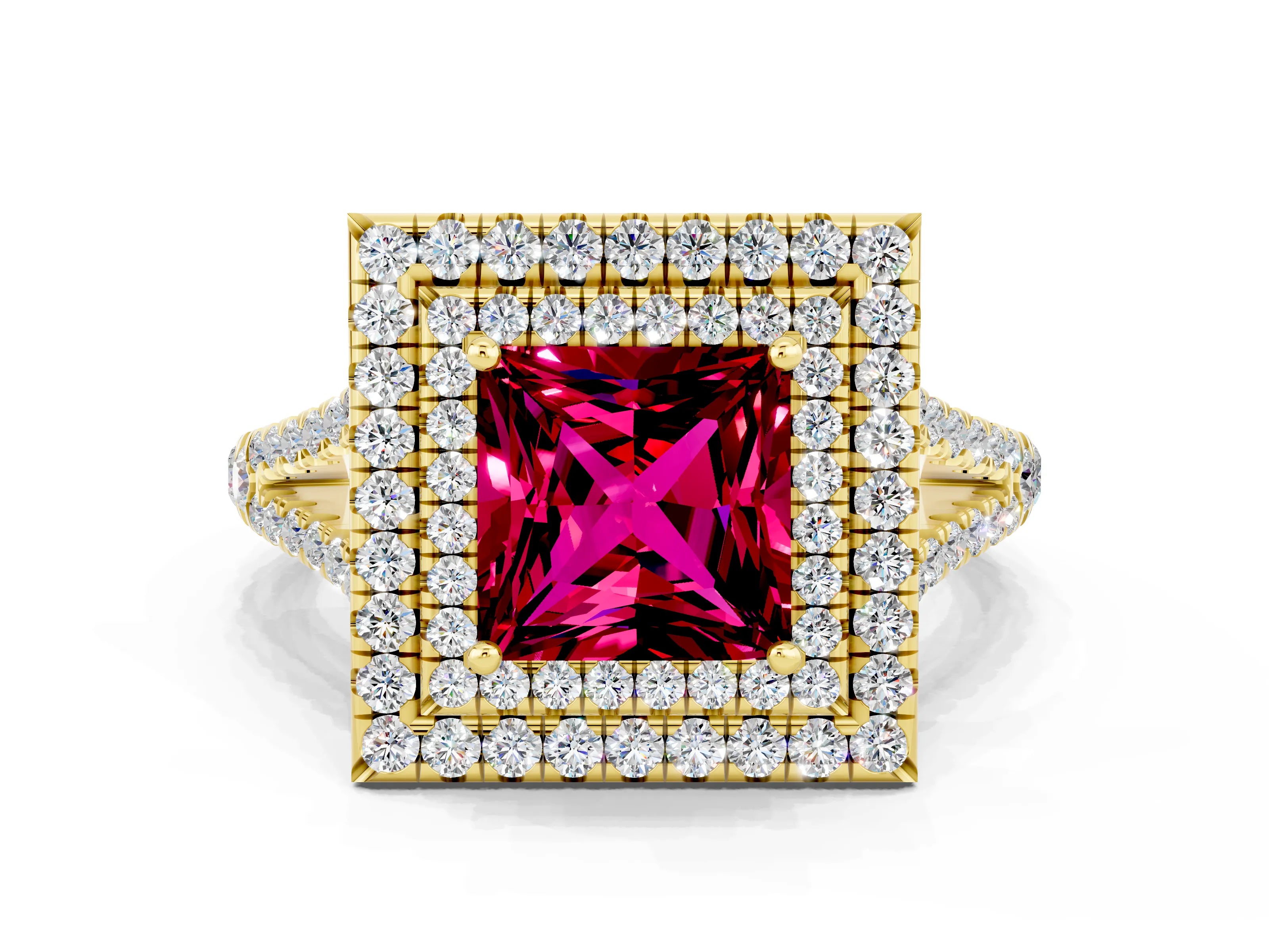 Yellow gold Princess Cut Garnet Double Halo Ring with Pavé Band and Prong Setting_12