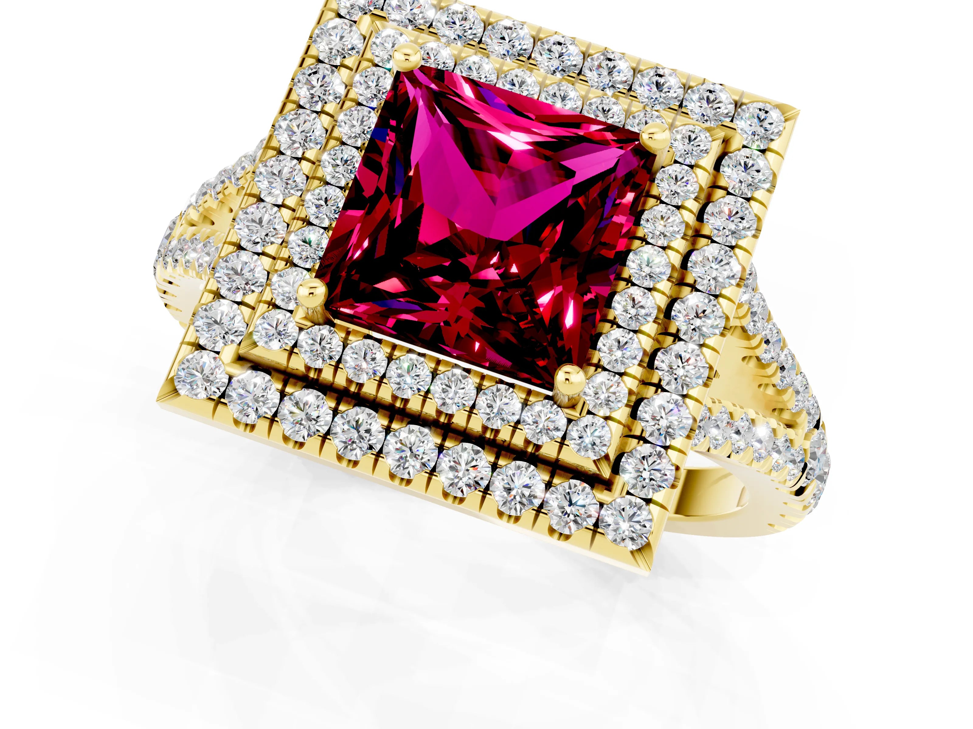 Yellow gold Princess Cut Garnet Double Halo Ring with Pavé Band and Prong Setting_13