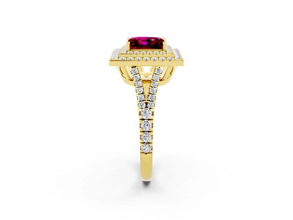 Yellow gold Princess Cut Garnet Double Halo Ring with Pavé Band and Prong Setting