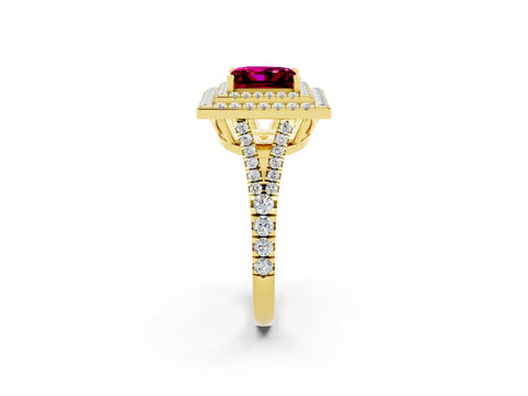 Yellow gold Princess Cut Garnet Double Halo Ring with Pavé Band and Prong Setting_14