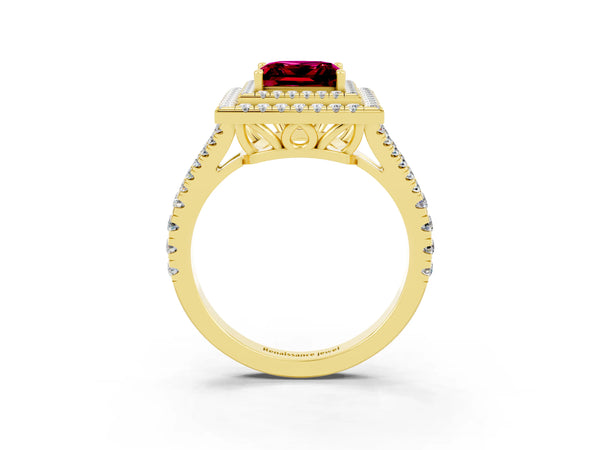 Yellow gold Princess Cut Garnet Double Halo Ring with Pavé Band and Prong Setting
