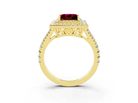 Yellow gold Princess Cut Garnet Double Halo Ring with Pavé Band and Prong Setting_15
