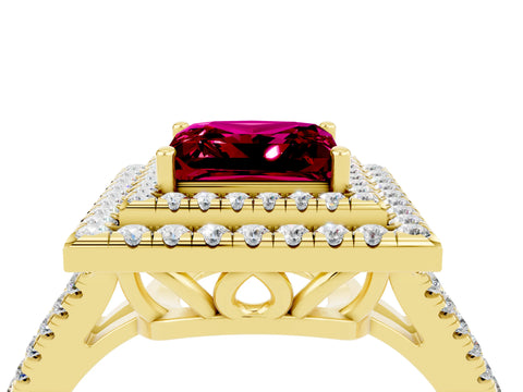 Yellow gold Princess Cut Garnet Double Halo Ring with Pavé Band and Prong Setting_16