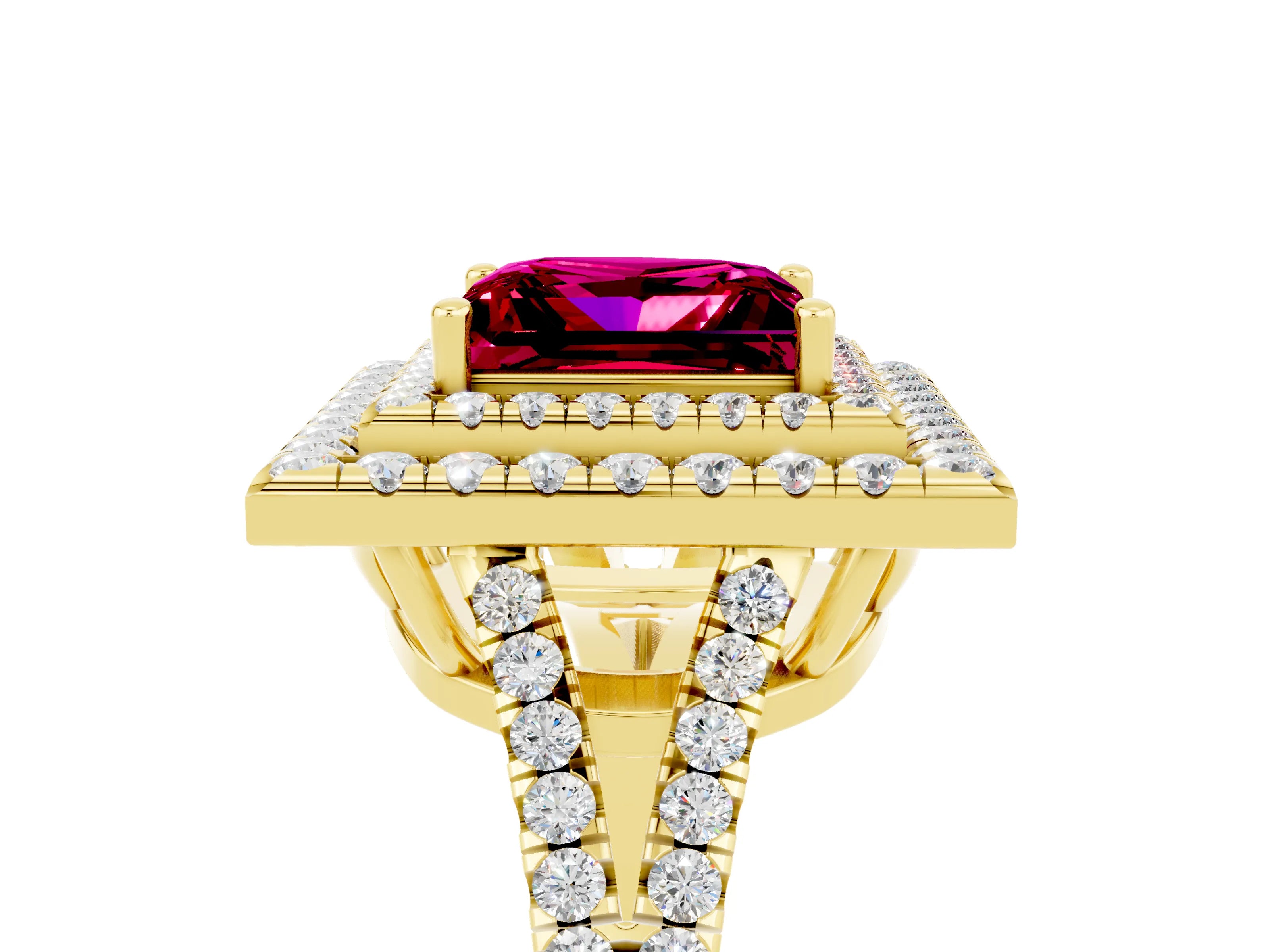 Yellow gold Princess Cut Garnet Double Halo Ring with Pavé Band and Prong Setting_17