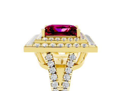 Yellow gold Princess Cut Garnet Double Halo Ring with Pavé Band and Prong Setting_17