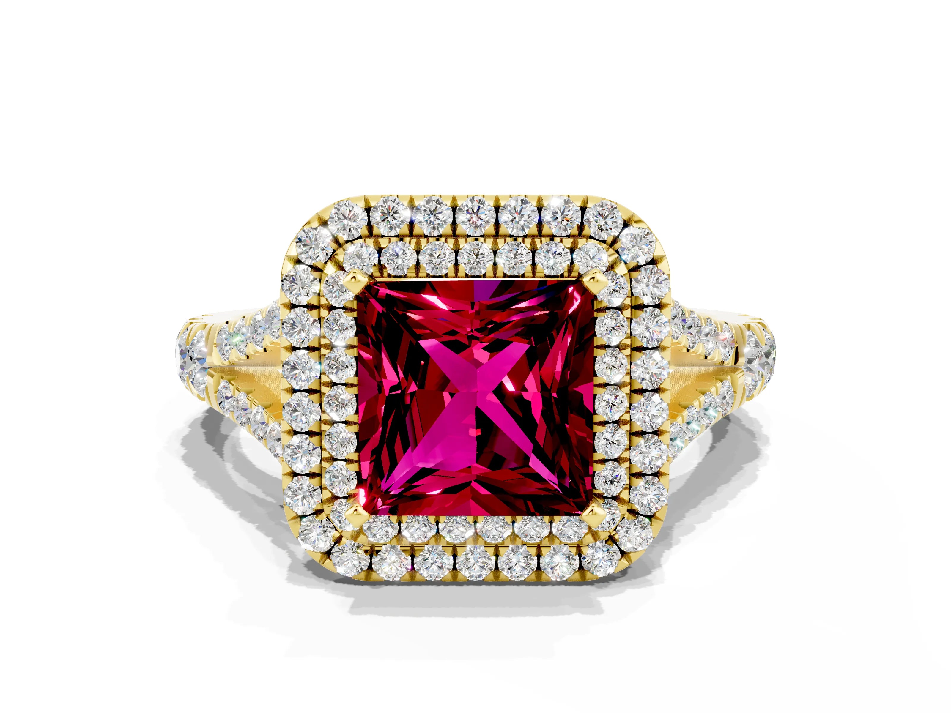 Yellow gold Princess Cut Garnet Double Halo Ring with Split Shank and Prong Setting_12