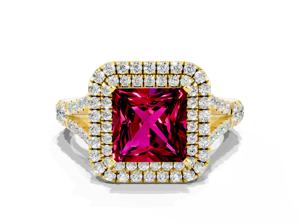 Yellow gold Princess Cut Garnet Double Halo Ring with Split Shank and Prong Setting