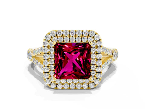 Yellow gold Princess Cut Garnet Double Halo Ring with Split Shank and Prong Setting_12
