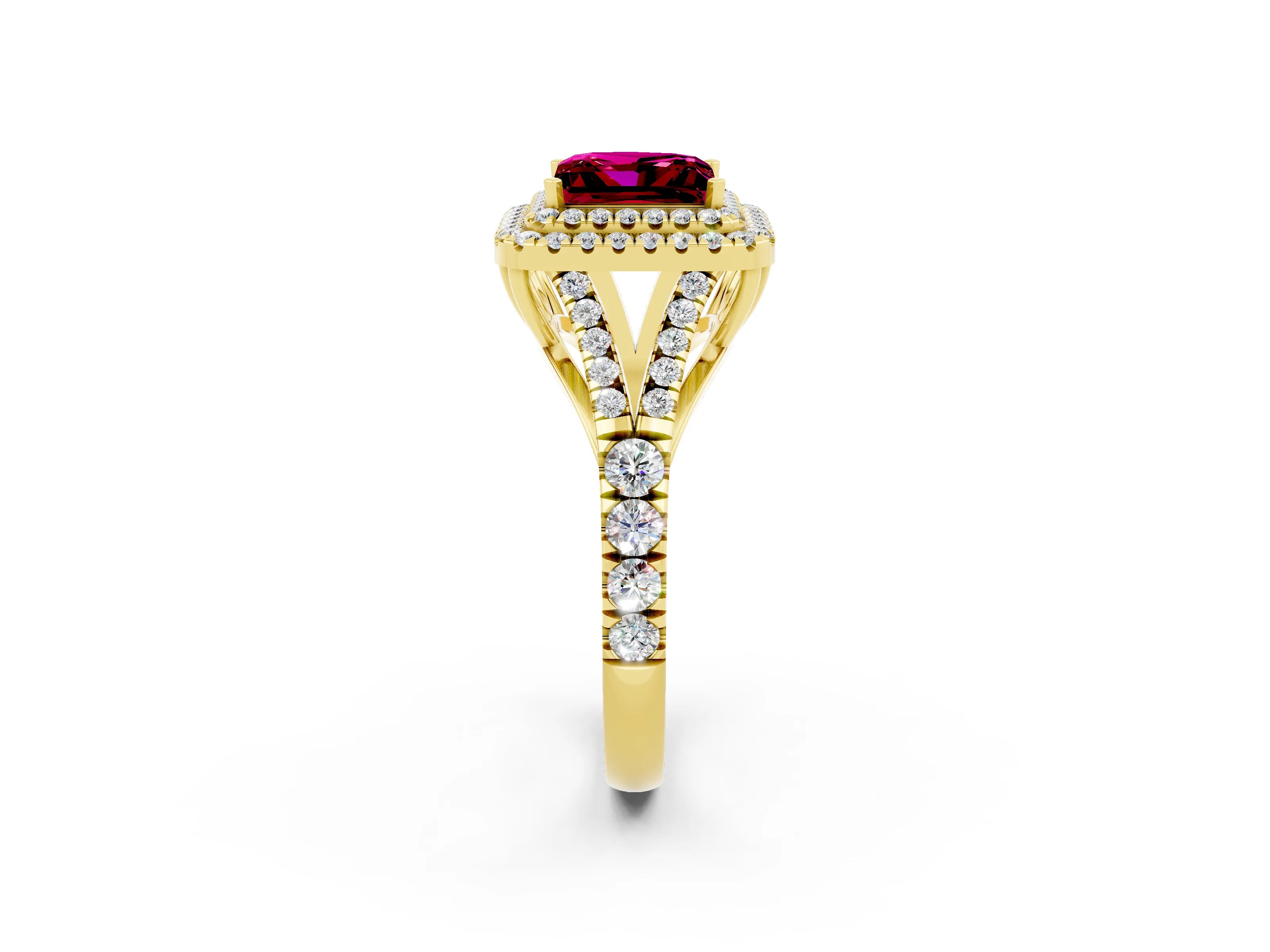 Yellow gold Princess Cut Garnet Double Halo Ring with Split Shank and Prong Setting_14