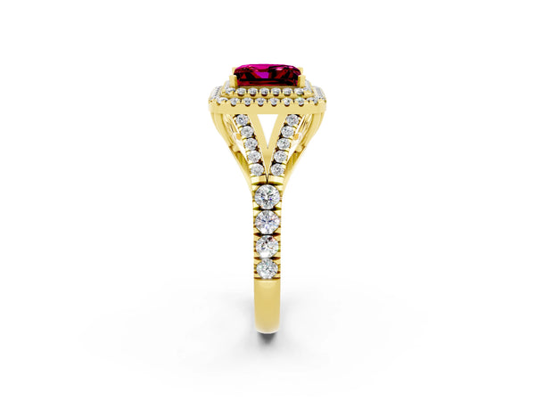 Yellow gold Princess Cut Garnet Double Halo Ring with Split Shank and Prong Setting