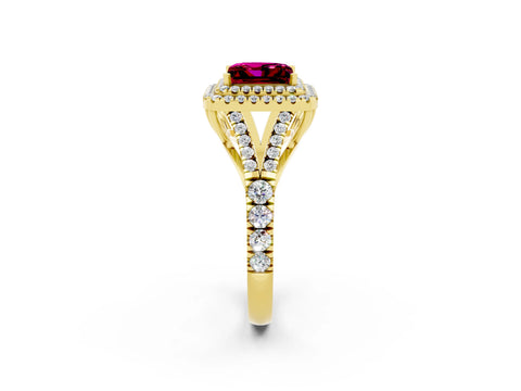 Yellow gold Princess Cut Garnet Double Halo Ring with Split Shank and Prong Setting_14