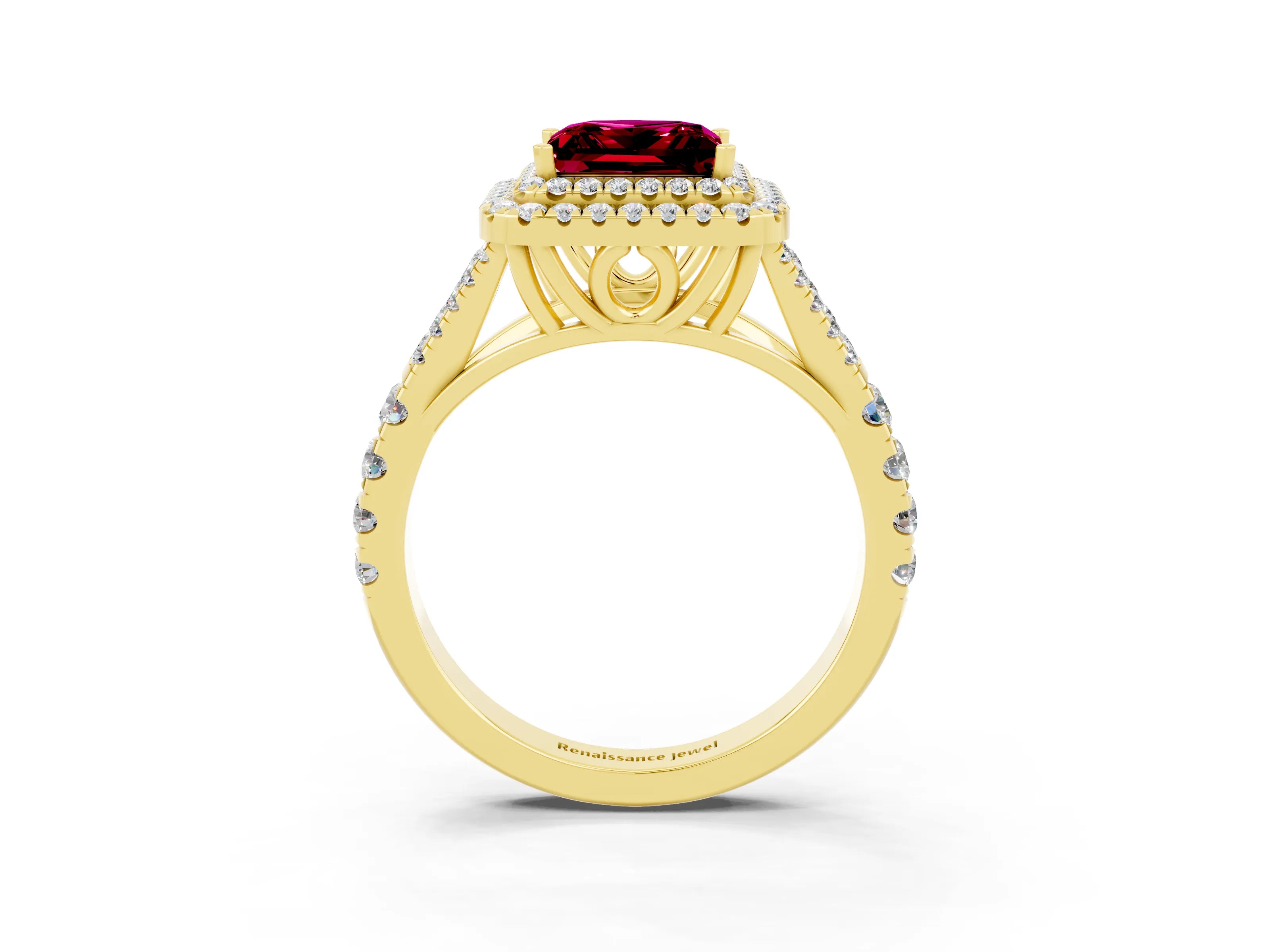 Yellow gold Princess Cut Garnet Double Halo Ring with Split Shank and Prong Setting_15