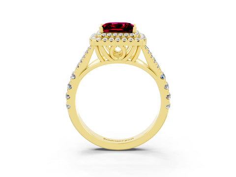 Yellow gold Princess Cut Garnet Double Halo Ring with Split Shank and Prong Setting_15