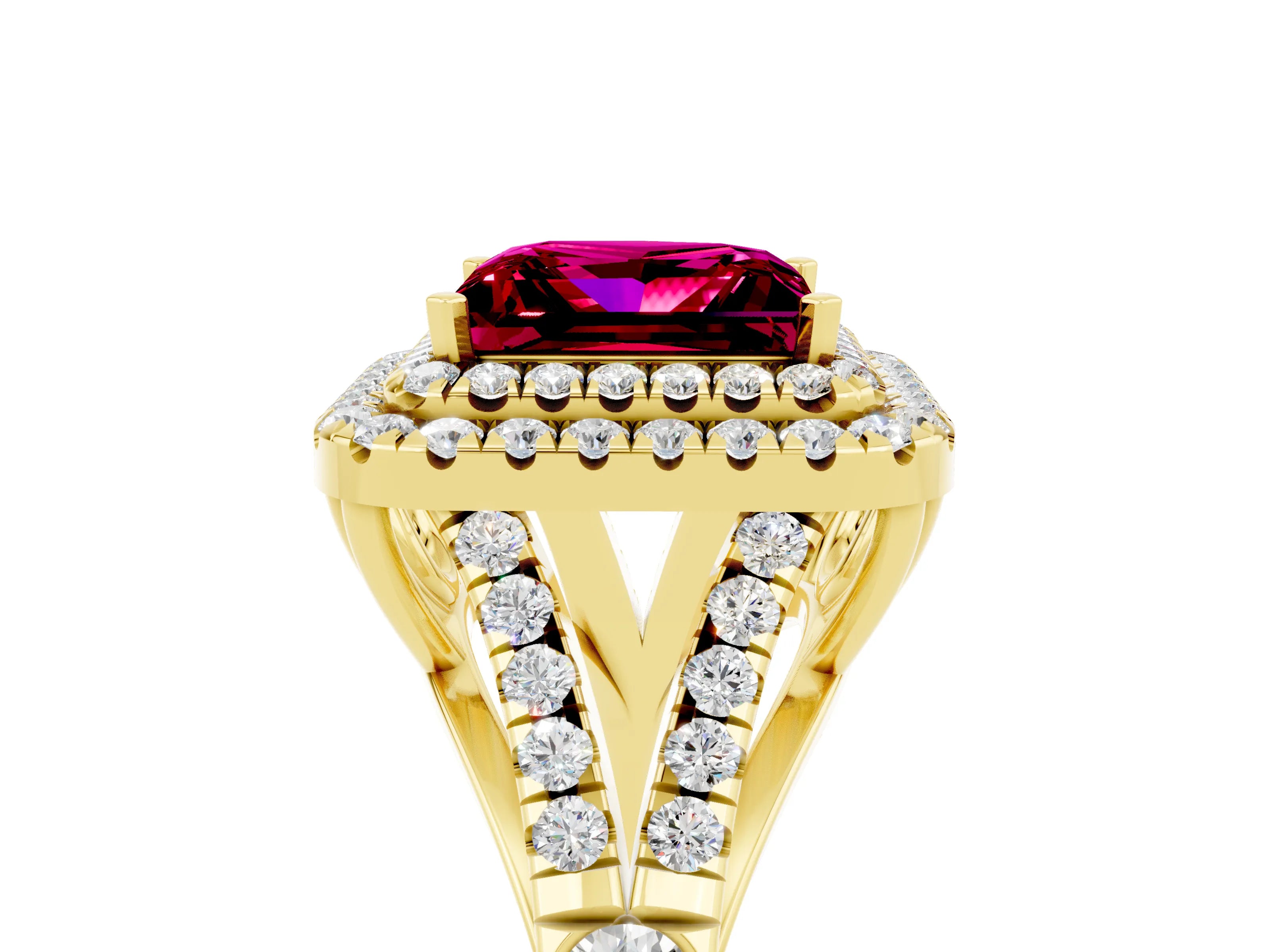 Yellow gold Princess Cut Garnet Double Halo Ring with Split Shank and Prong Setting_17