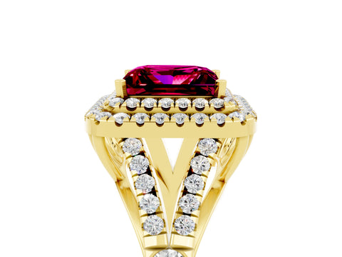 Yellow gold Princess Cut Garnet Double Halo Ring with Split Shank and Prong Setting_17