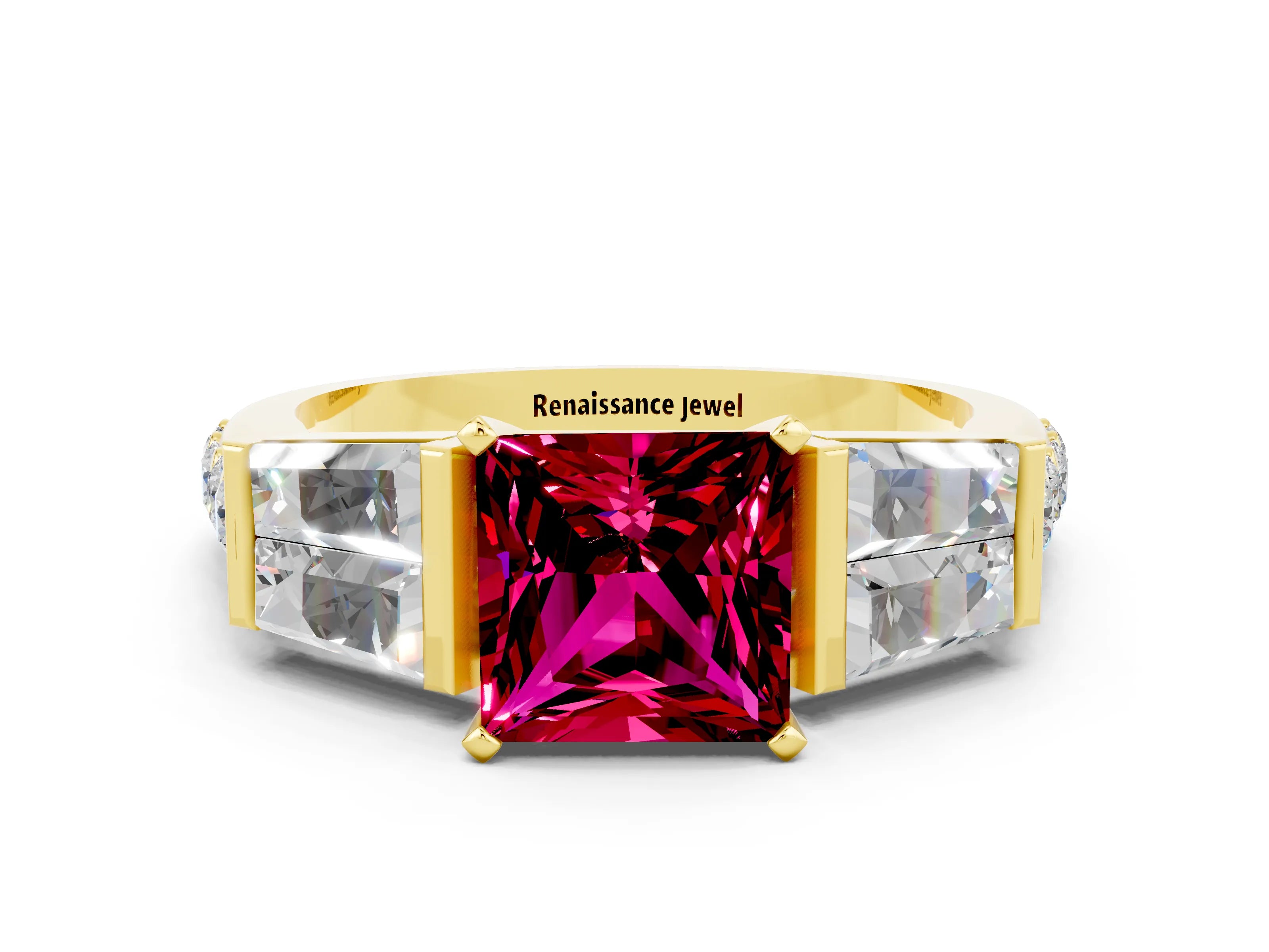 Yellow gold Princess Cut Garnet Engagement Ring with Baguette Side Stones and Channel Set Band