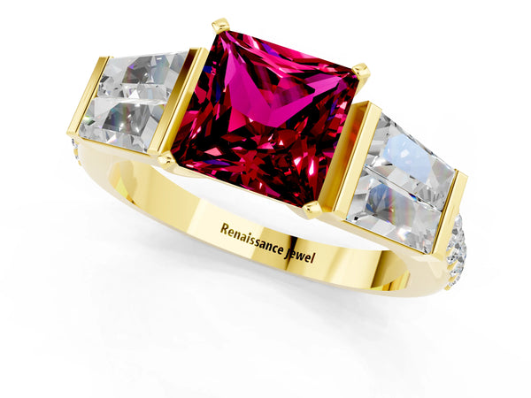 Yellow gold Princess Cut Garnet Engagement Ring with Baguette Side Stones and Channel Set Band