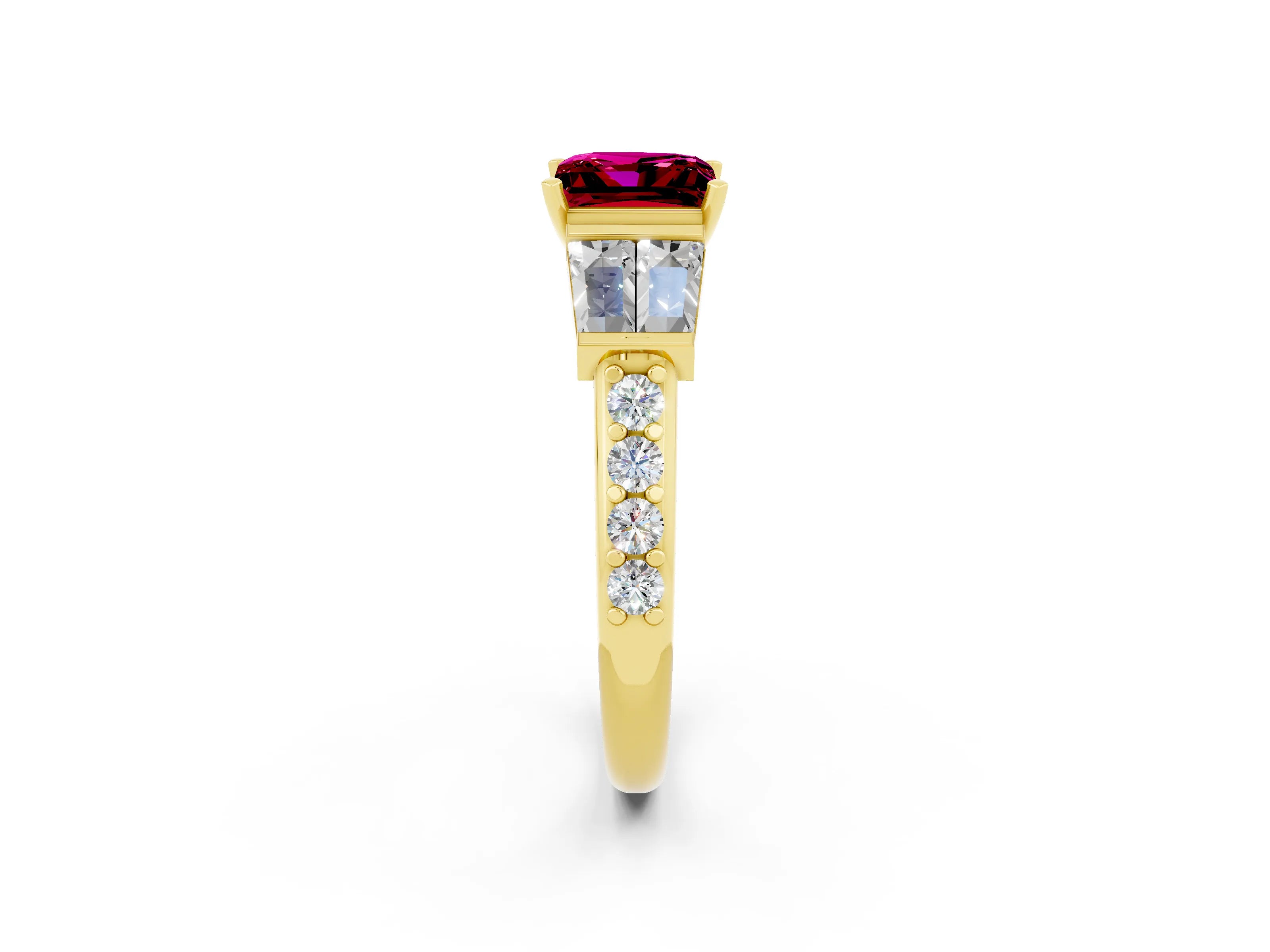 Yellow gold Princess Cut Garnet Engagement Ring with Baguette Side Stones and Channel Set Band_2