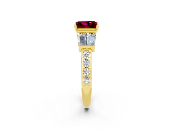 Yellow gold Princess Cut Garnet Engagement Ring with Baguette Side Stones and Channel Set Band