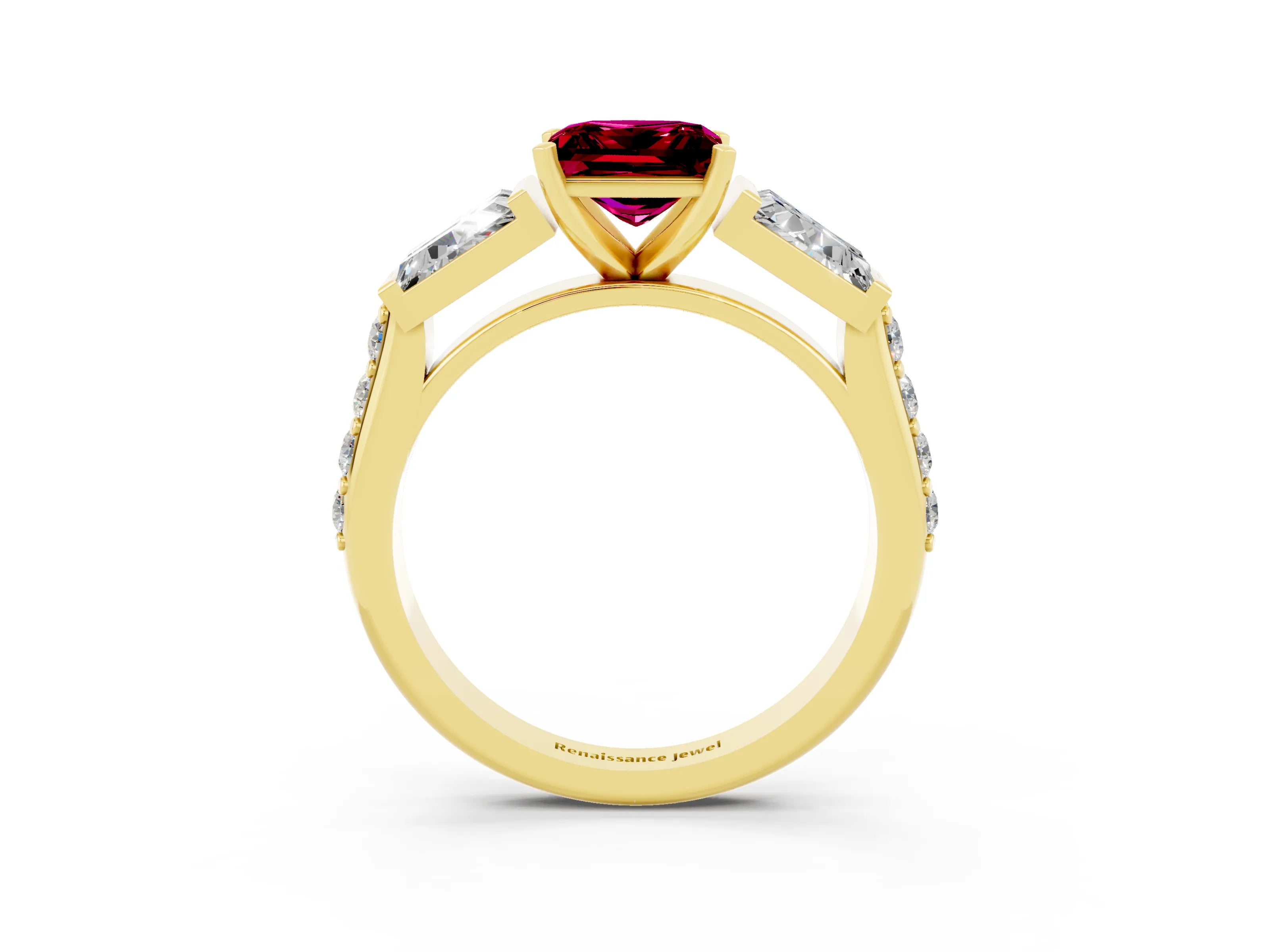 Yellow gold Princess Cut Garnet Engagement Ring with Baguette Side Stones and Channel Set Band_3