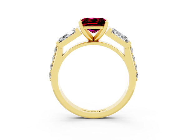 Yellow gold Princess Cut Garnet Engagement Ring with Baguette Side Stones and Channel Set Band