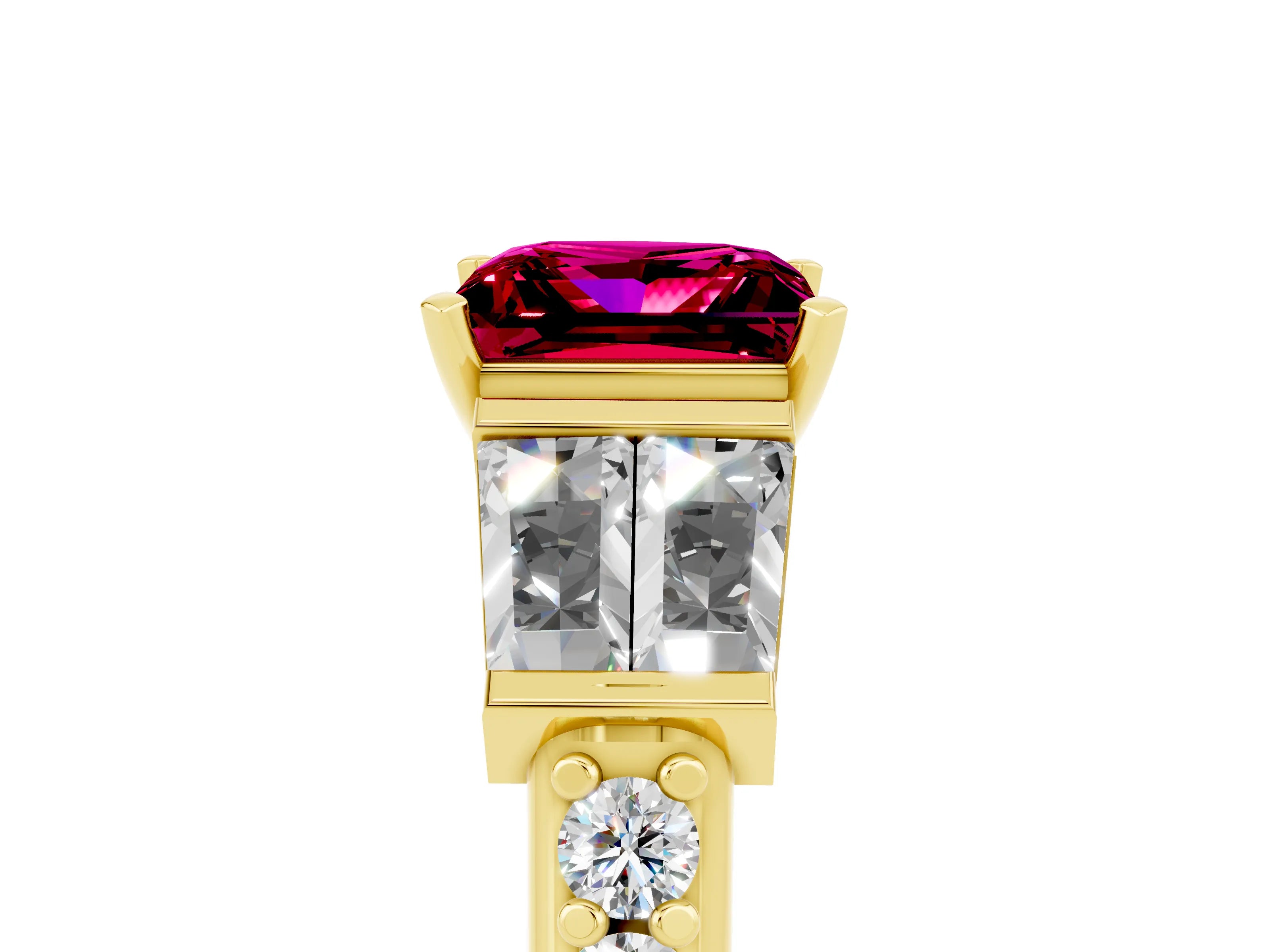 Yellow gold Princess Cut Garnet Engagement Ring with Baguette Side Stones and Channel Set Band_5
