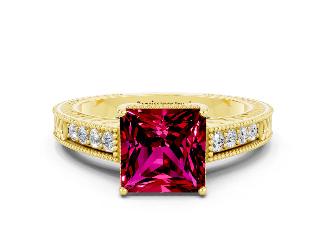 Yellow gold Princess Cut Garnet Engagement Ring with Milgrain Channel Set Band and Prong Setting