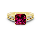 Yellow gold Princess Cut Garnet Engagement Ring with Milgrain Channel Set Band and Prong Setting
