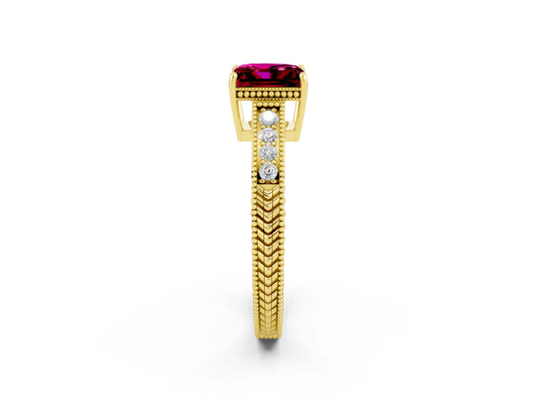 Yellow gold Princess Cut Garnet Engagement Ring with Milgrain Channel Set Band and Prong Setting