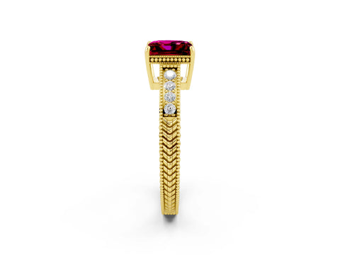 Yellow gold Princess Cut Garnet Engagement Ring with Milgrain Channel Set Band and Prong Setting_2