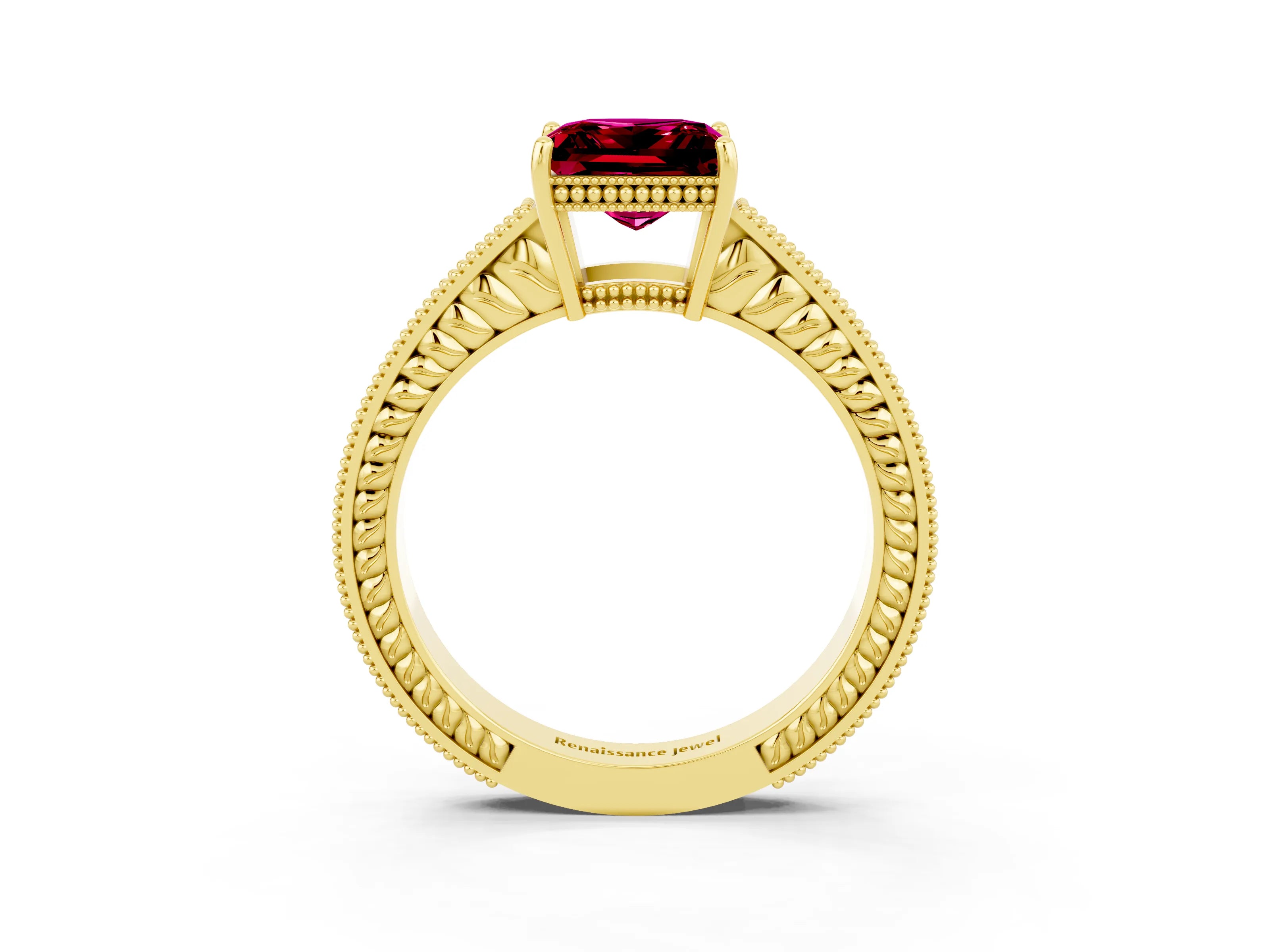 Yellow gold Princess Cut Garnet Engagement Ring with Milgrain Channel Set Band and Prong Setting_3