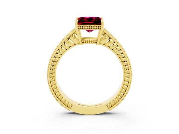 Yellow gold Princess Cut Garnet Engagement Ring with Milgrain Channel Set Band and Prong Setting