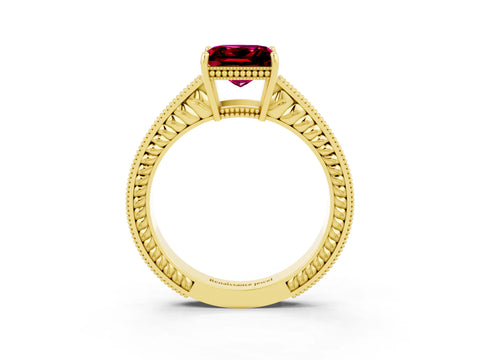 Yellow gold Princess Cut Garnet Engagement Ring with Milgrain Channel Set Band and Prong Setting_3