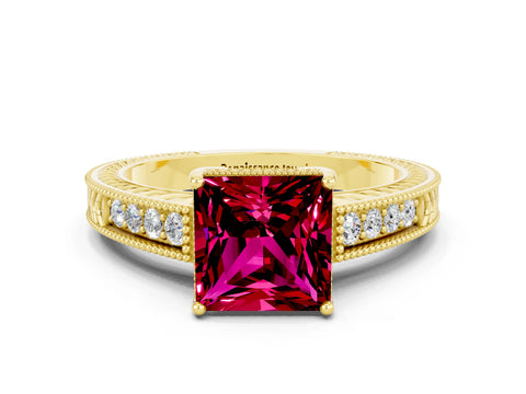 Yellow gold Princess Cut Garnet Engagement Ring with Milgrain Channel Set Band and Prong Setting
