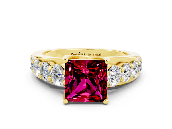 Yellow gold Princess Cut Garnet Engagement Ring with Pavé Band and Four-Prong Setting