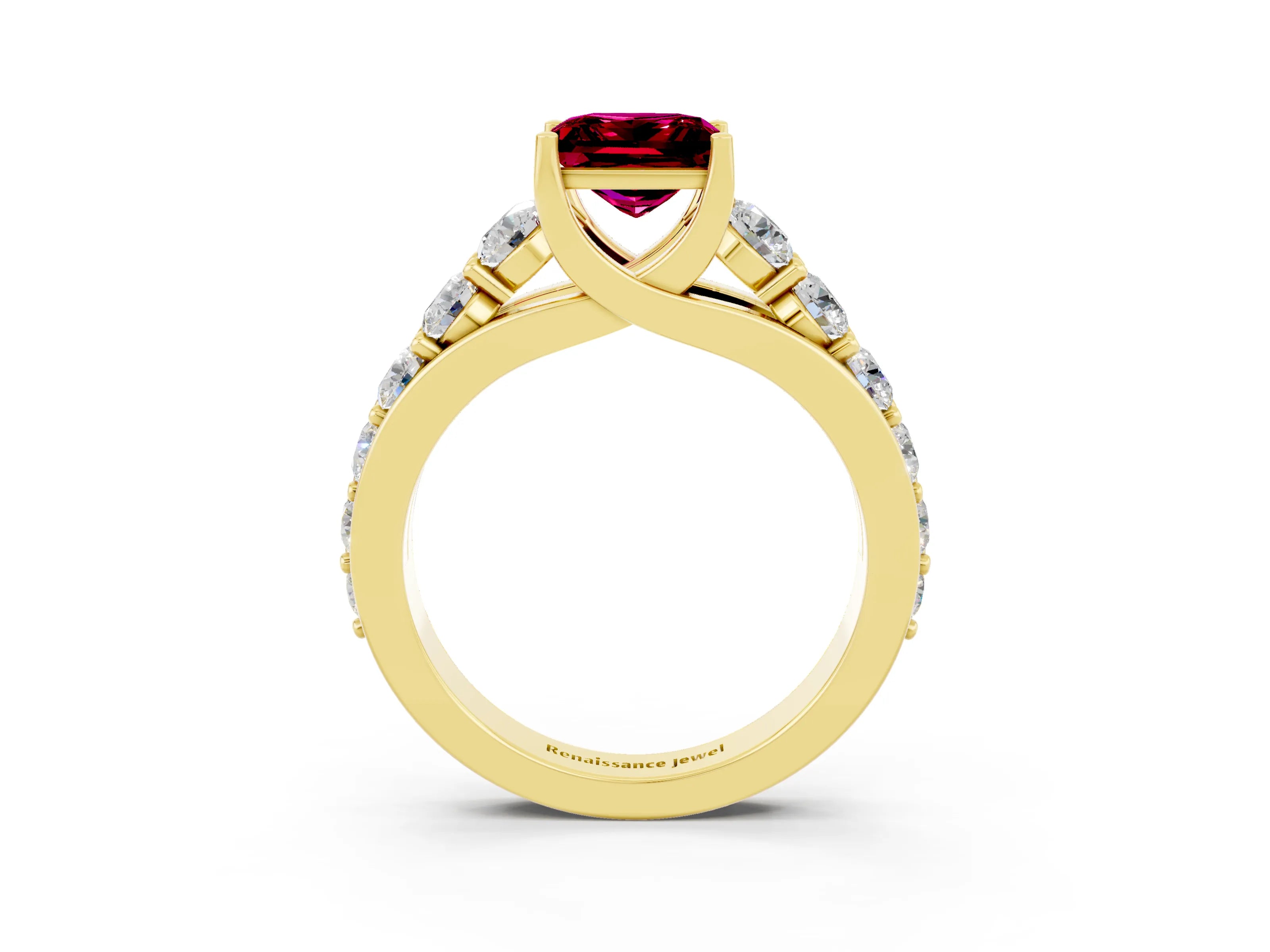 Yellow gold Princess Cut Garnet Engagement Ring with Pavé Band and Four-Prong Setting_3
