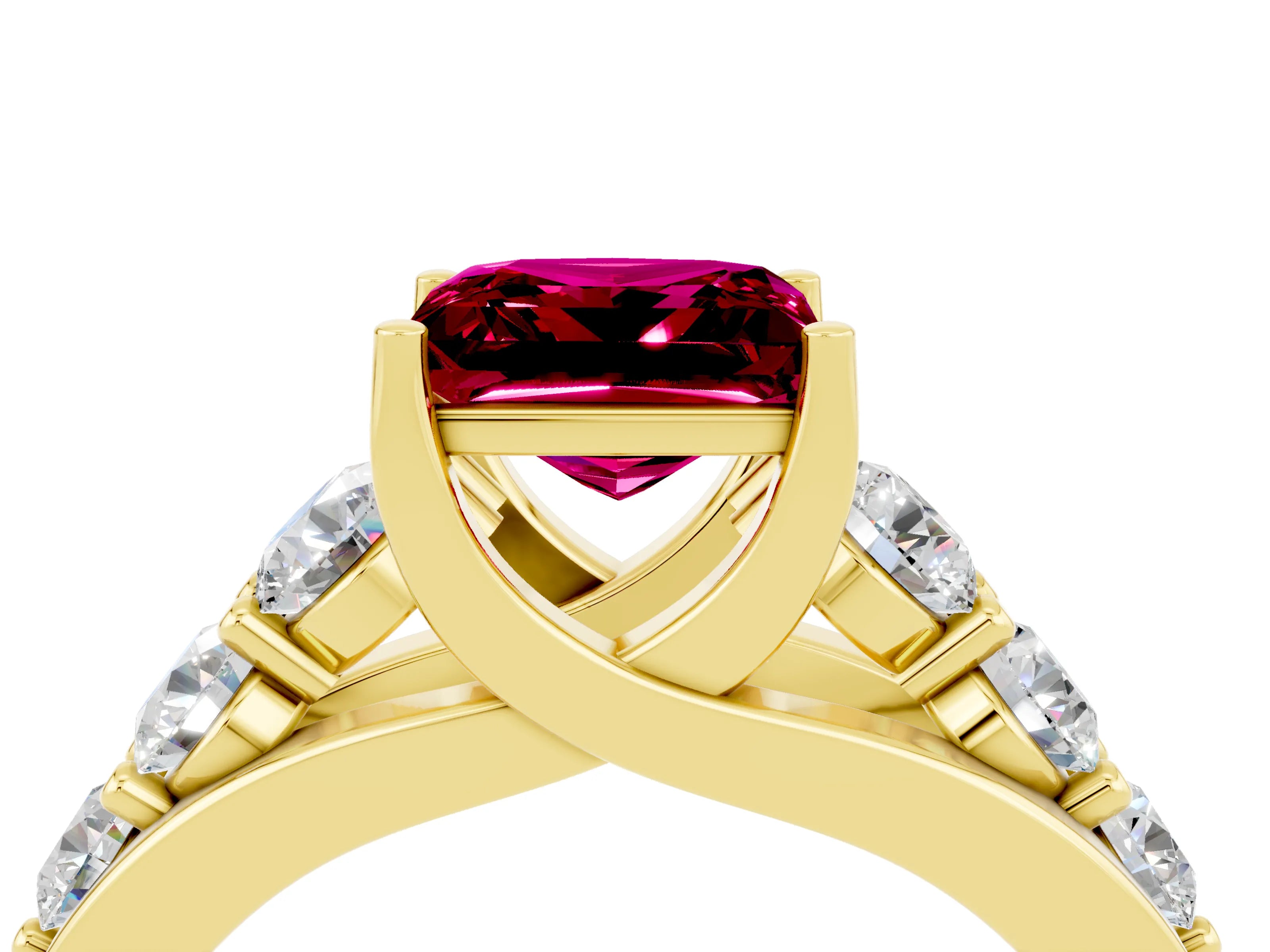 Yellow gold Princess Cut Garnet Engagement Ring with Pavé Band and Four-Prong Setting_4