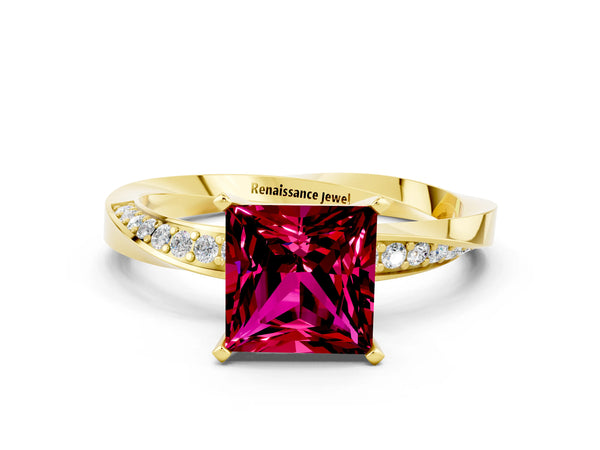 Yellow gold Princess Cut Garnet Engagement Ring with Side Stone Accents and Four-Prong Setting