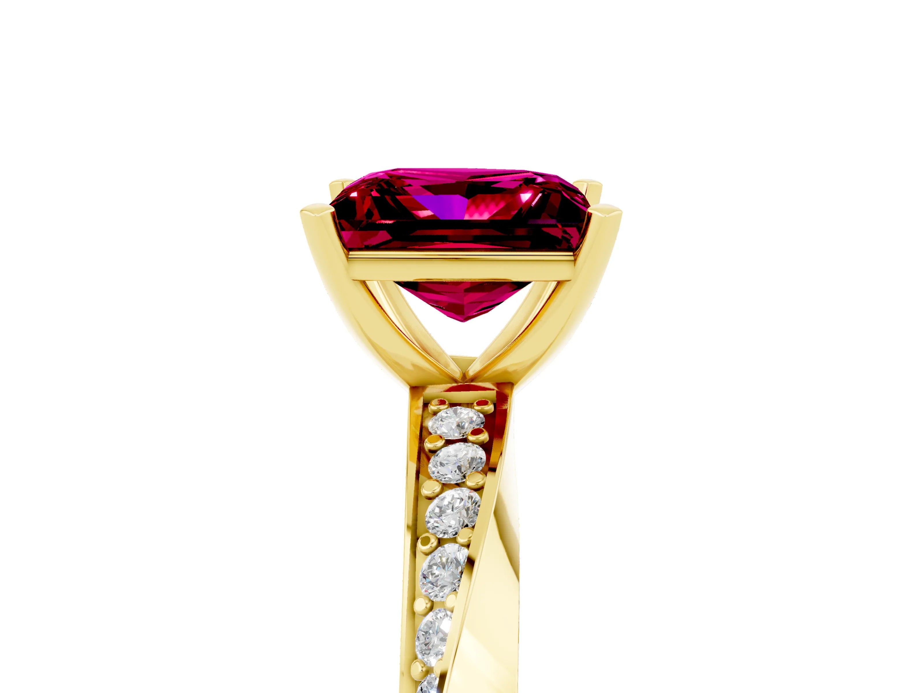 Yellow gold Princess Cut Garnet Engagement Ring with Side Stone Accents and Four-Prong Setting_44