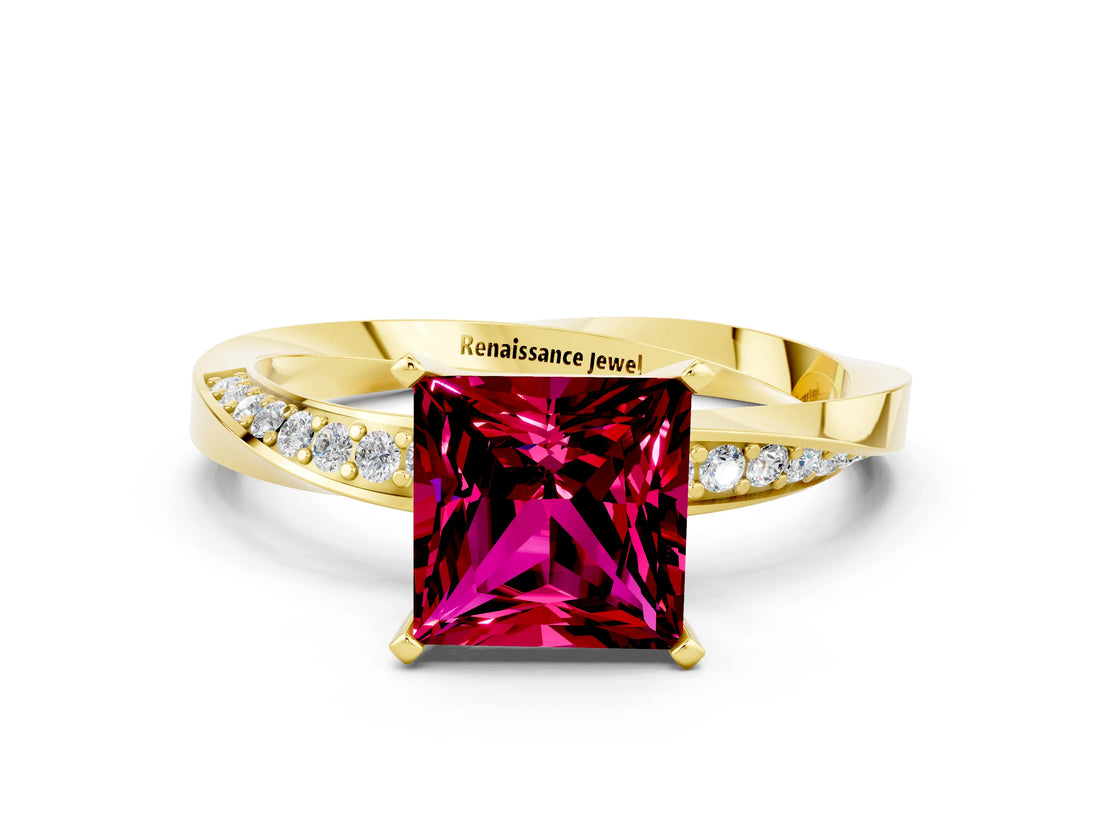 Yellow gold Princess Cut Garnet Engagement Ring with Side Stone Accents and Four-Prong Setting_60