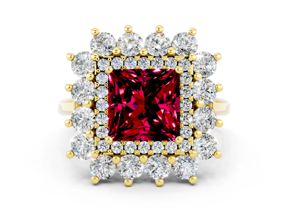 Yellow gold Princess Cut Garnet Floral Double Halo Engagement Ring with Prong Setting_60