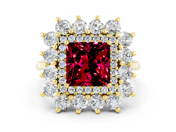 Yellow gold Princess Cut Garnet Floral Double Halo Engagement Ring with Prong Setting