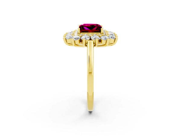 Yellow gold Princess Cut Garnet Floral Double Halo Engagement Ring with Prong Setting